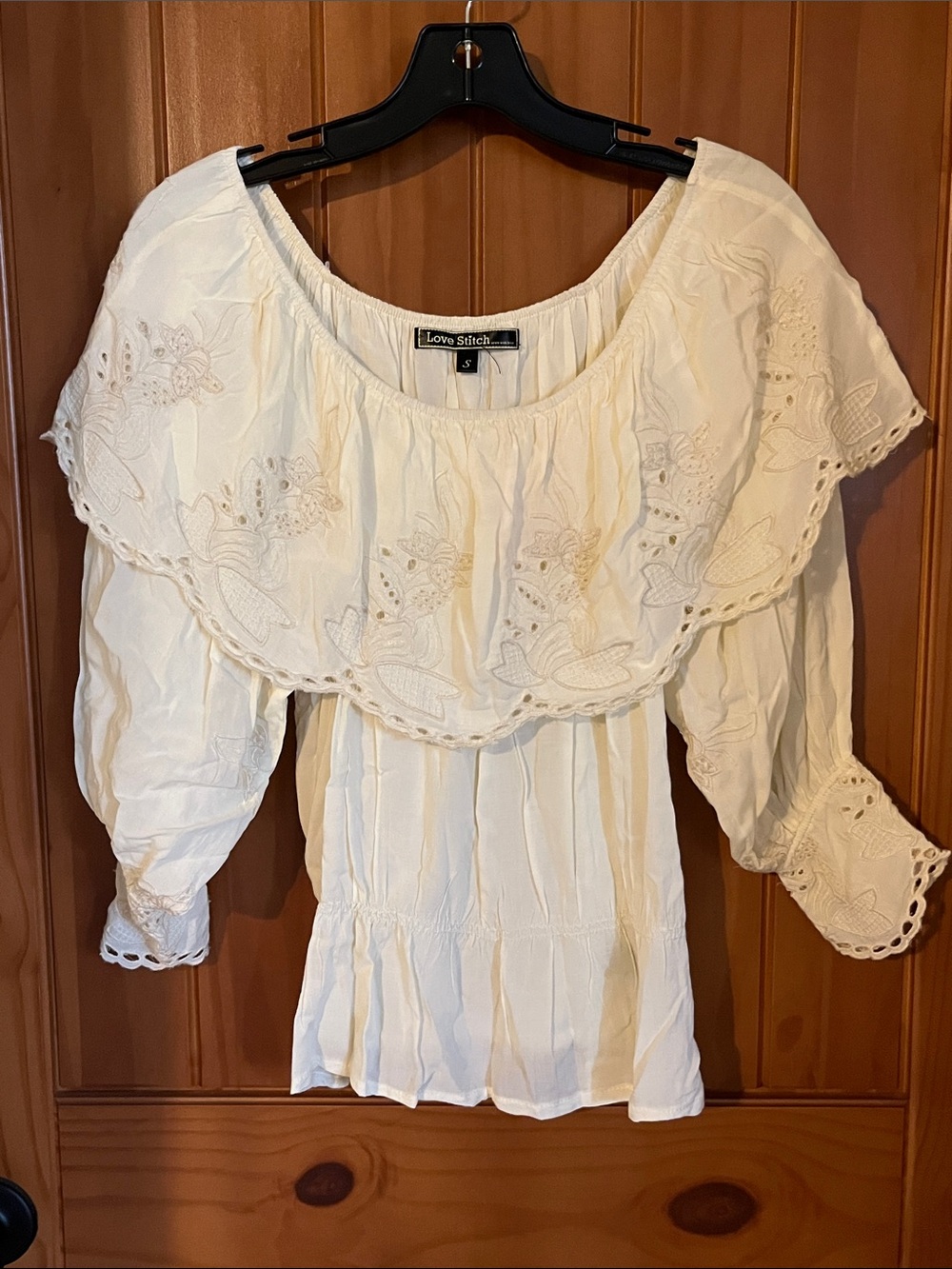 Love Stitch Cream Embroidered Off-Shoulder Ruffle Blouse